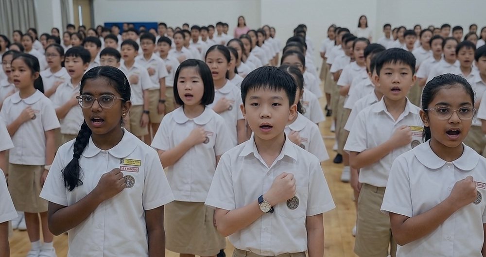 Singapore students reciting the national pledge