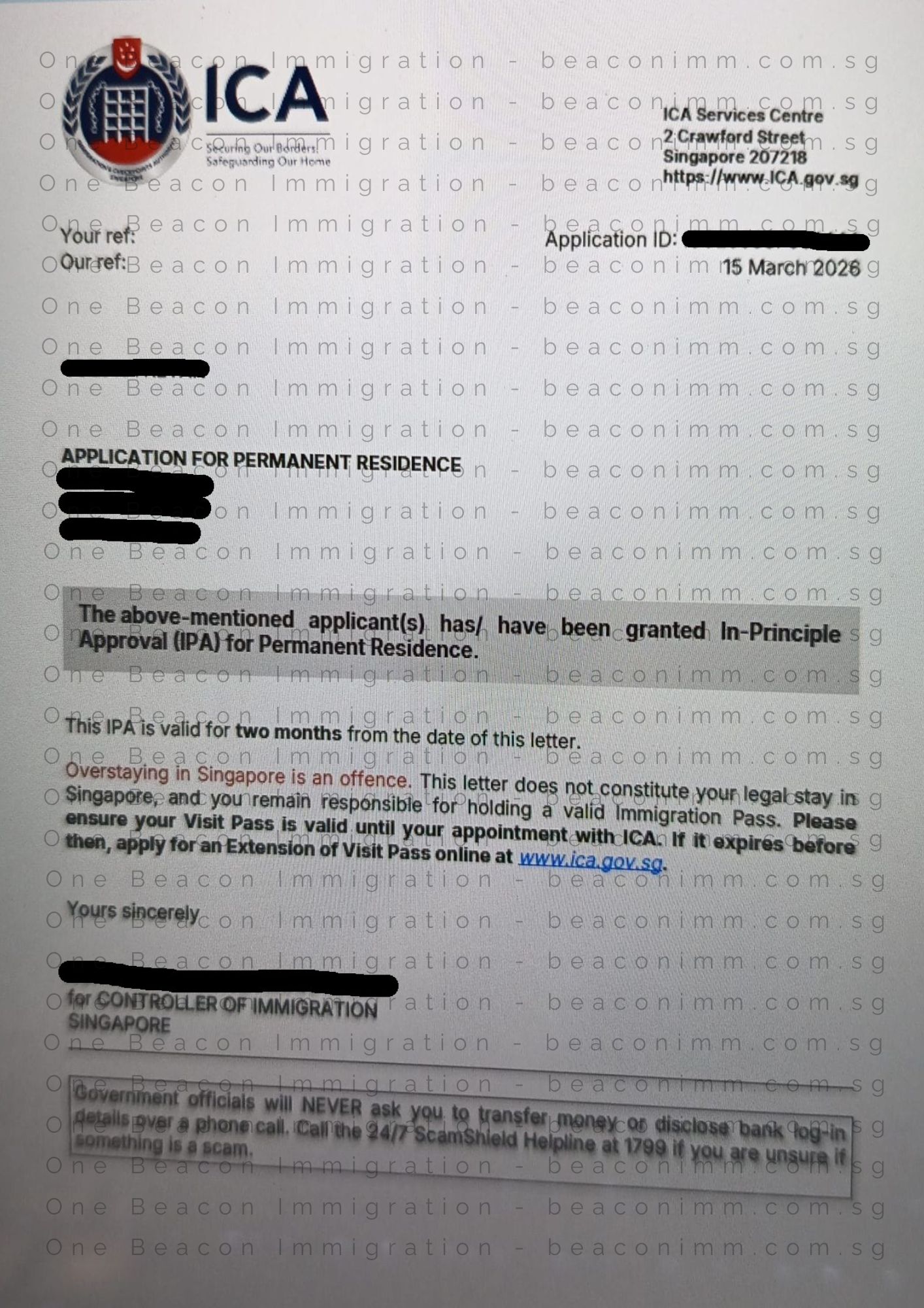 Redacted In-Principle Approval letter for a Singapore PR application approved in March 2026