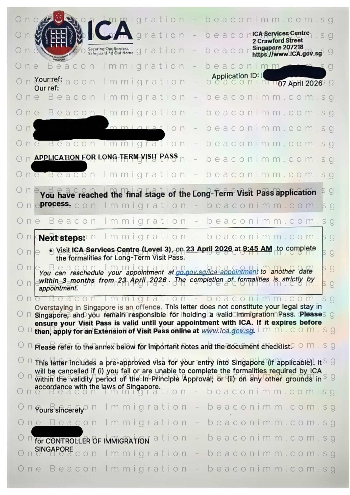 Redacted In-Principle Approval letter for a Singapore Long-Term Visit Pass application approved in April 2026
