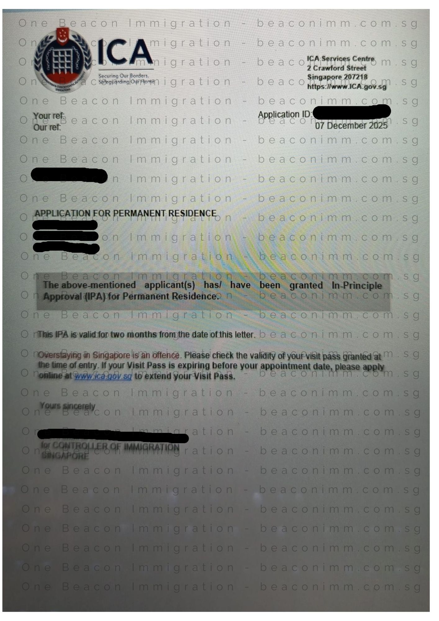 Redacted In-Principle Approval letter for a Singapore PR family application approved in December 2025