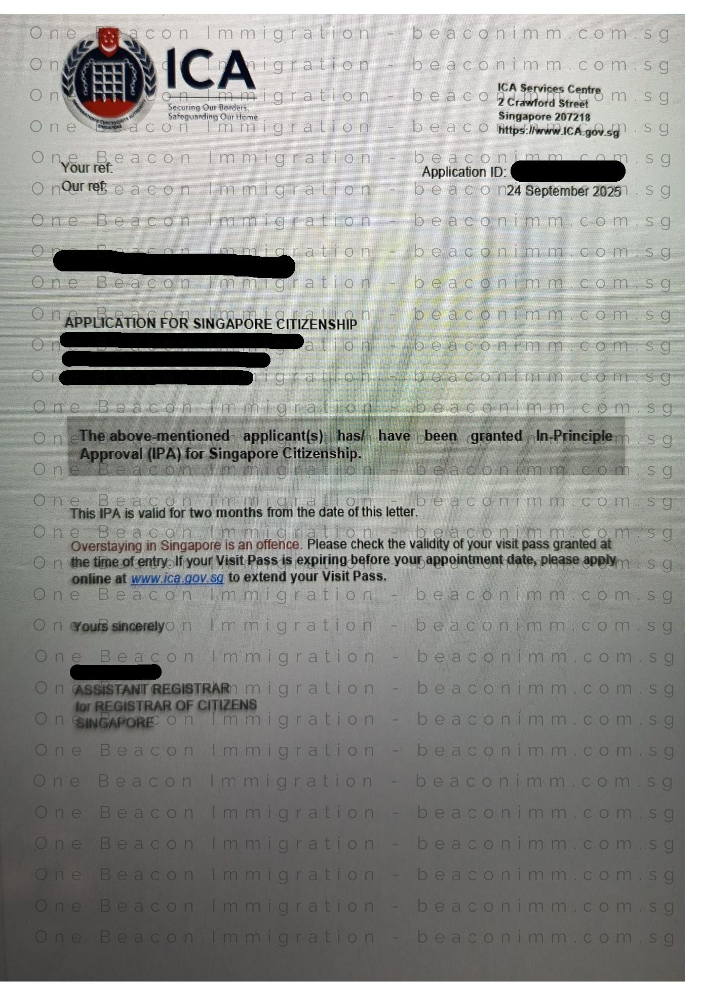 Redacted approval letter for a Singapore Citizenship application approved in September 2025
