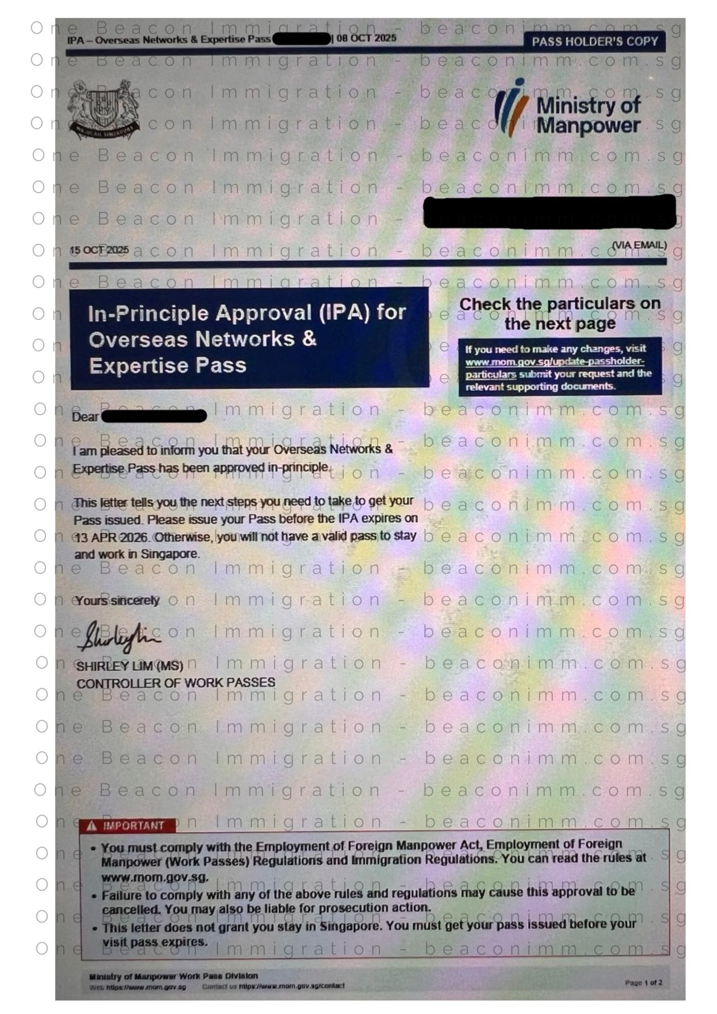 Redacted In-Principle Approval letter for a Singapore ONE Pass application approved in October 2025