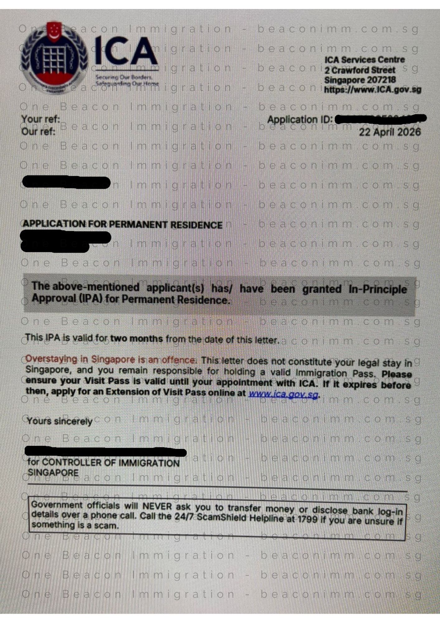 Redacted In-Principle Approval letter for a Singapore PR application approved in April 2026