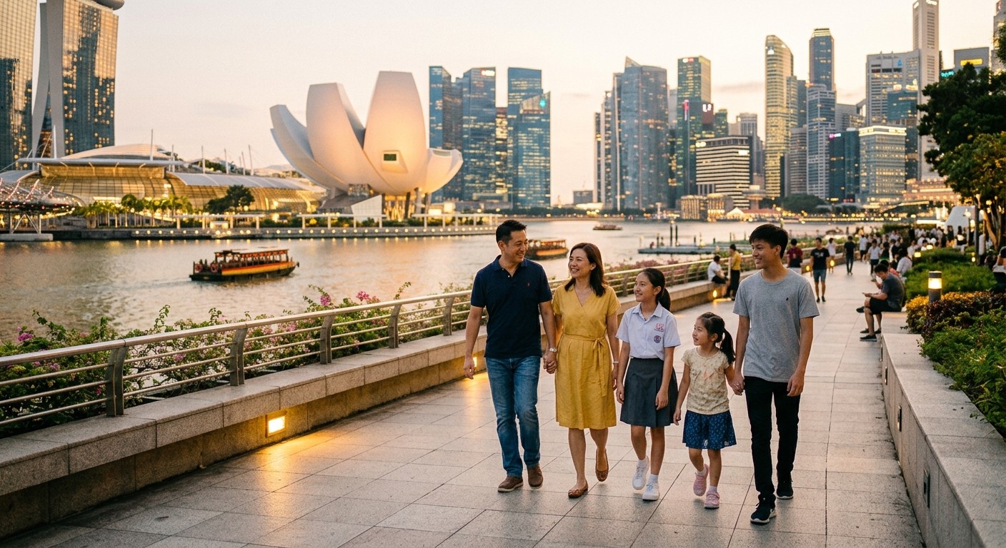 Family walking along Marina Bay waterfront in Singapore, reflecting on National Day Rally themes of family and community